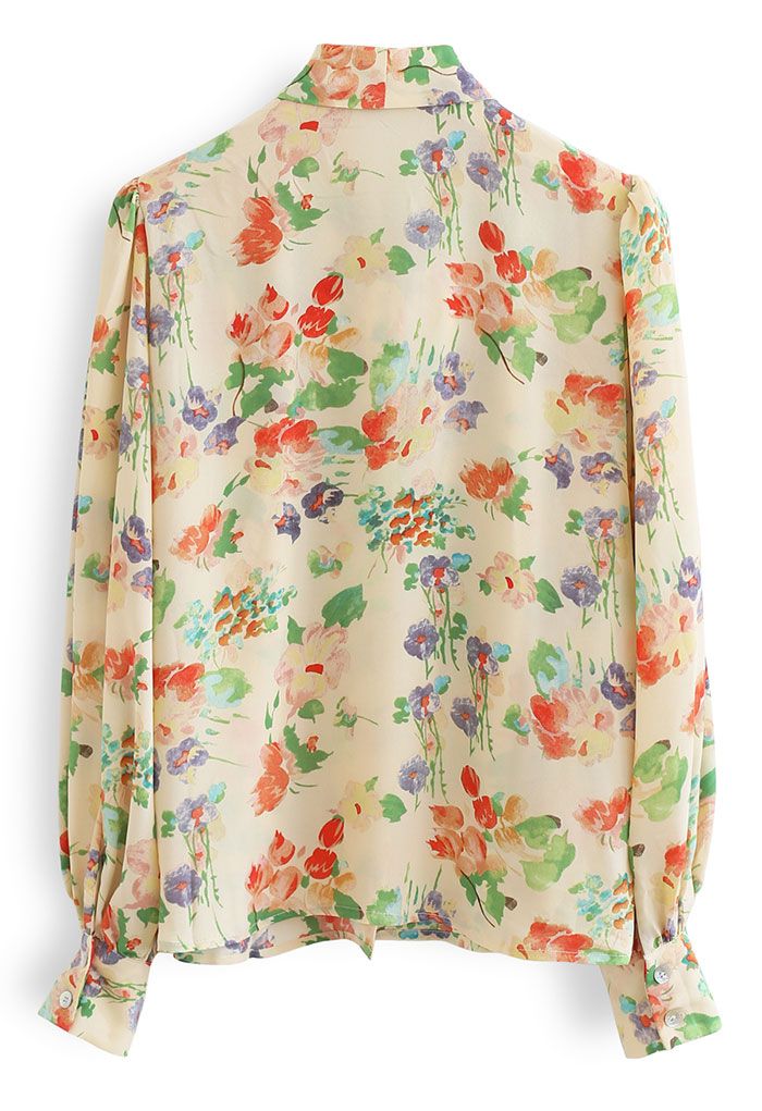 Mellow Floral Print Self-Tie Bowknot Chiffon Shirt