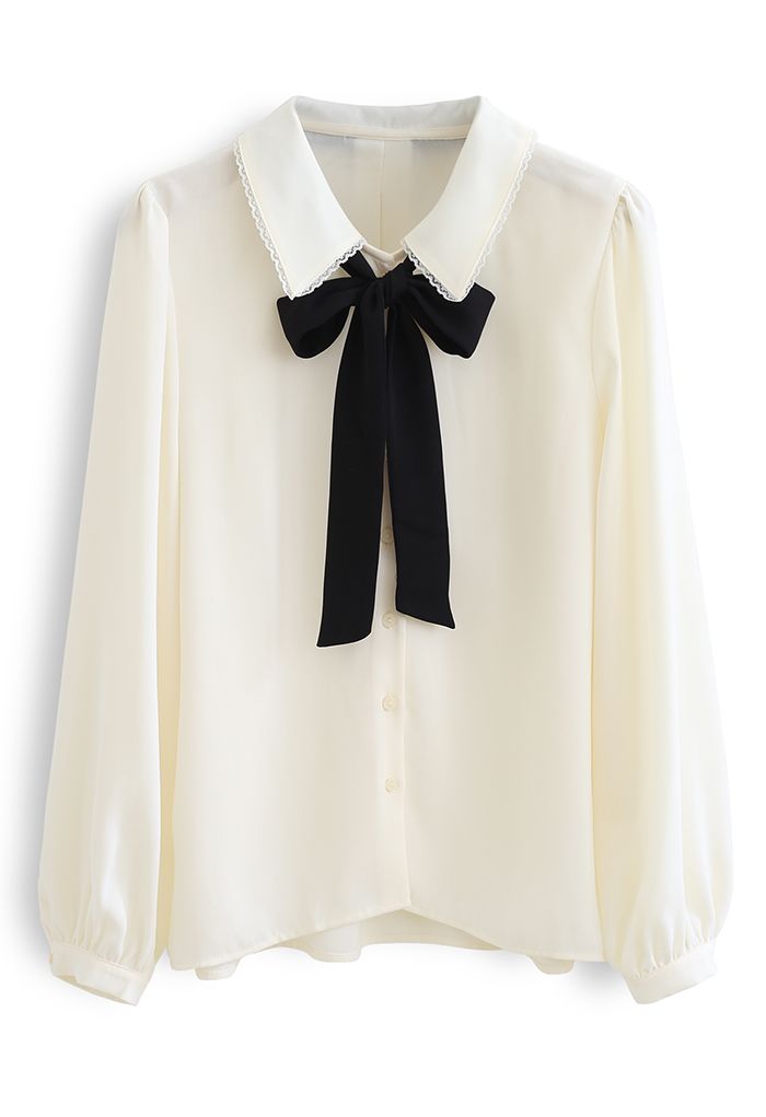 Pussy-Bow Lacey Neck Buttoned Shirt - Retro, Indie and Unique Fashion
