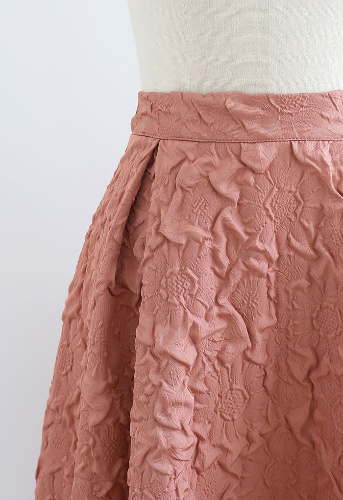 Sunflower Embossed Pleated Midi Skirt in Coral