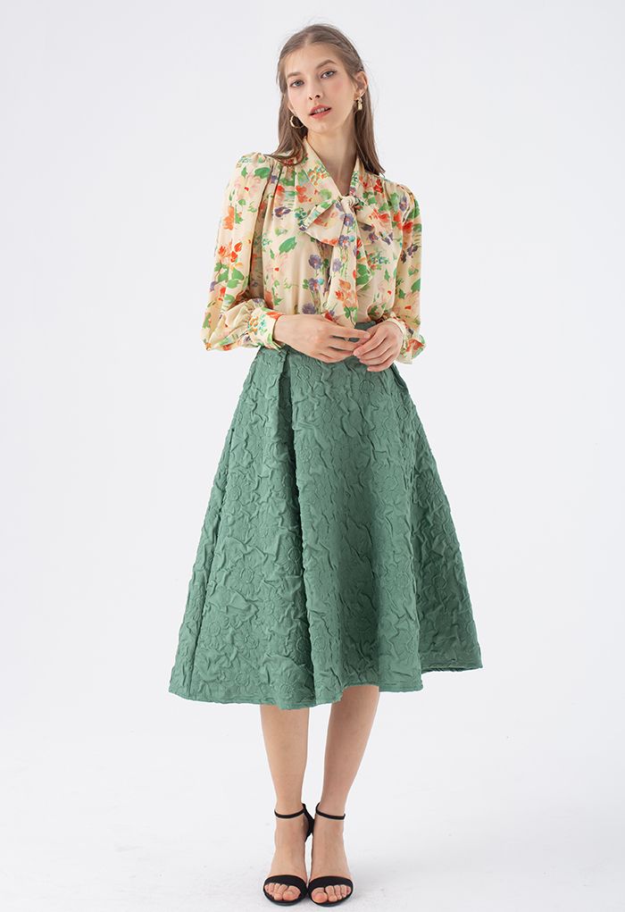 Sunflower Embossed Pleated Midi Skirt in Green - Retro, Indie and ...