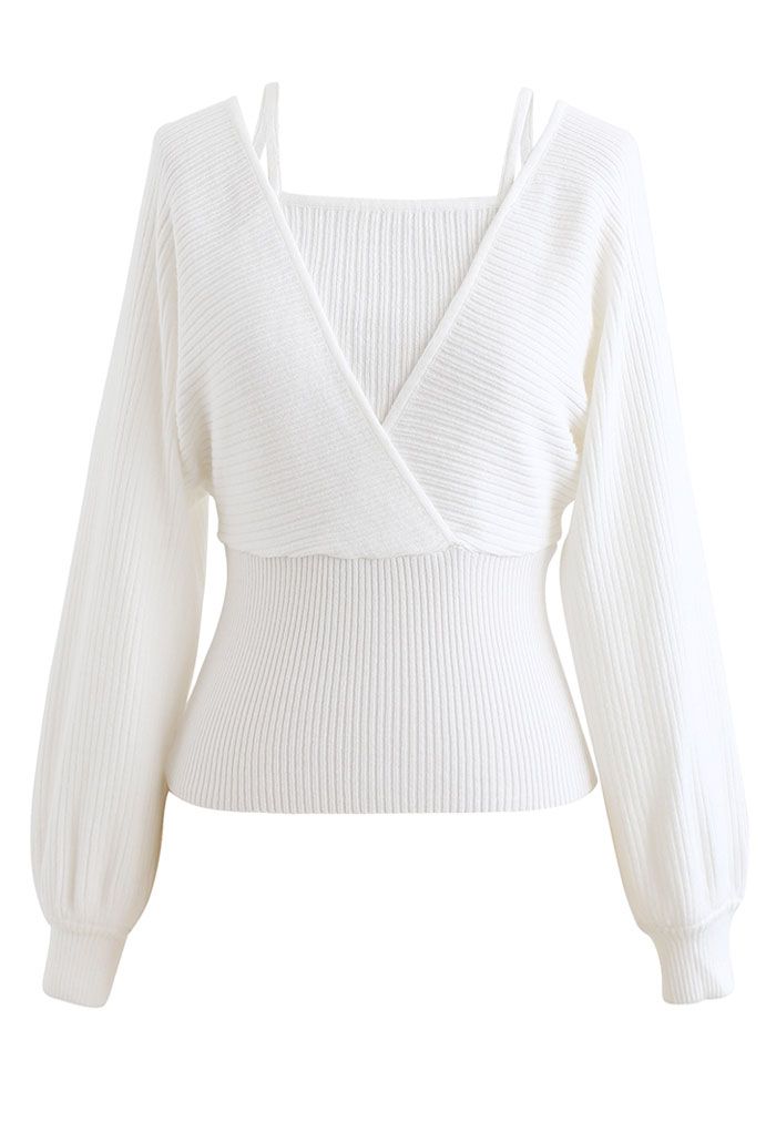 Fake Two-Piece Cold-Shoulder Wrap Knit Top in White - Retro, Indie and ...