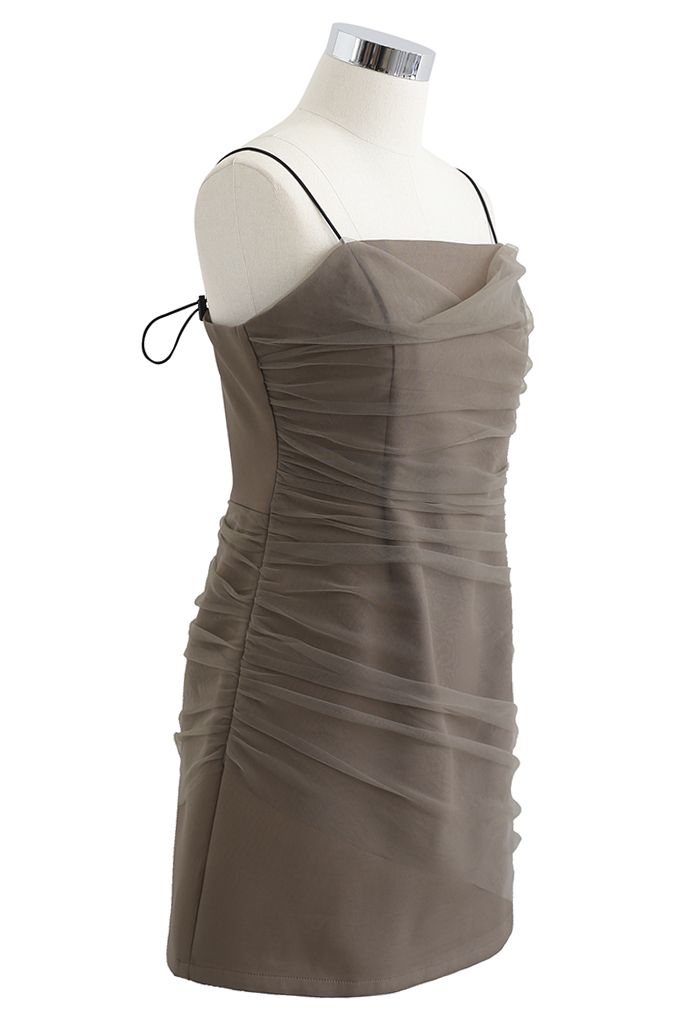 Mesh Ruched Front Cami Mini Dress in Olive