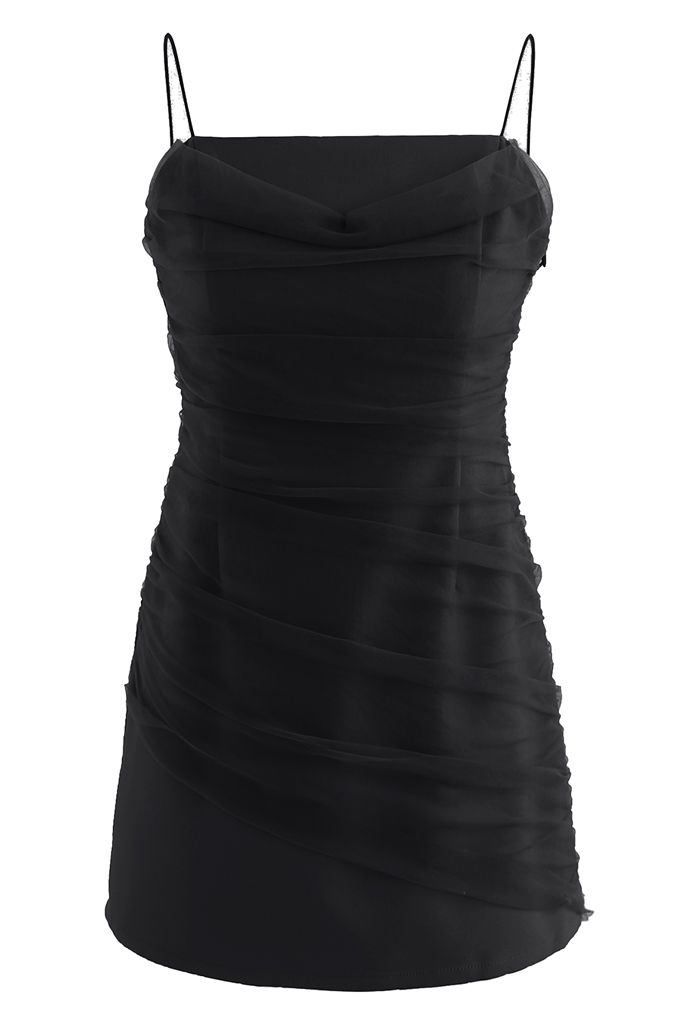 Mesh Ruched Front Cami Mini Dress in Black