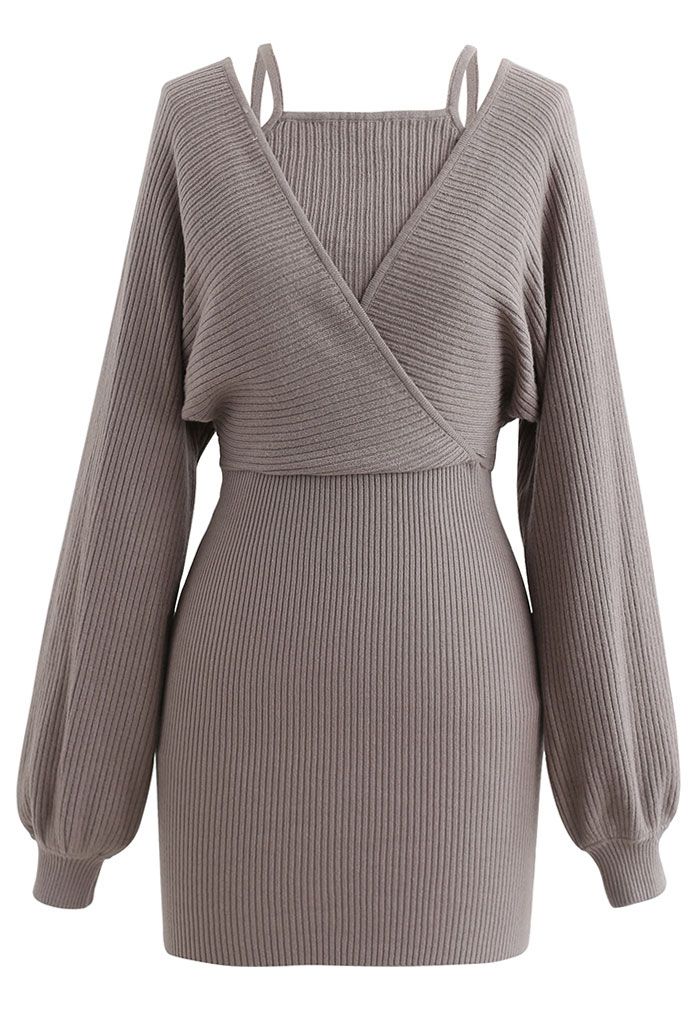 Fake Two-Piece Cold-Shoulder Wrap Knit Dress in Taupe