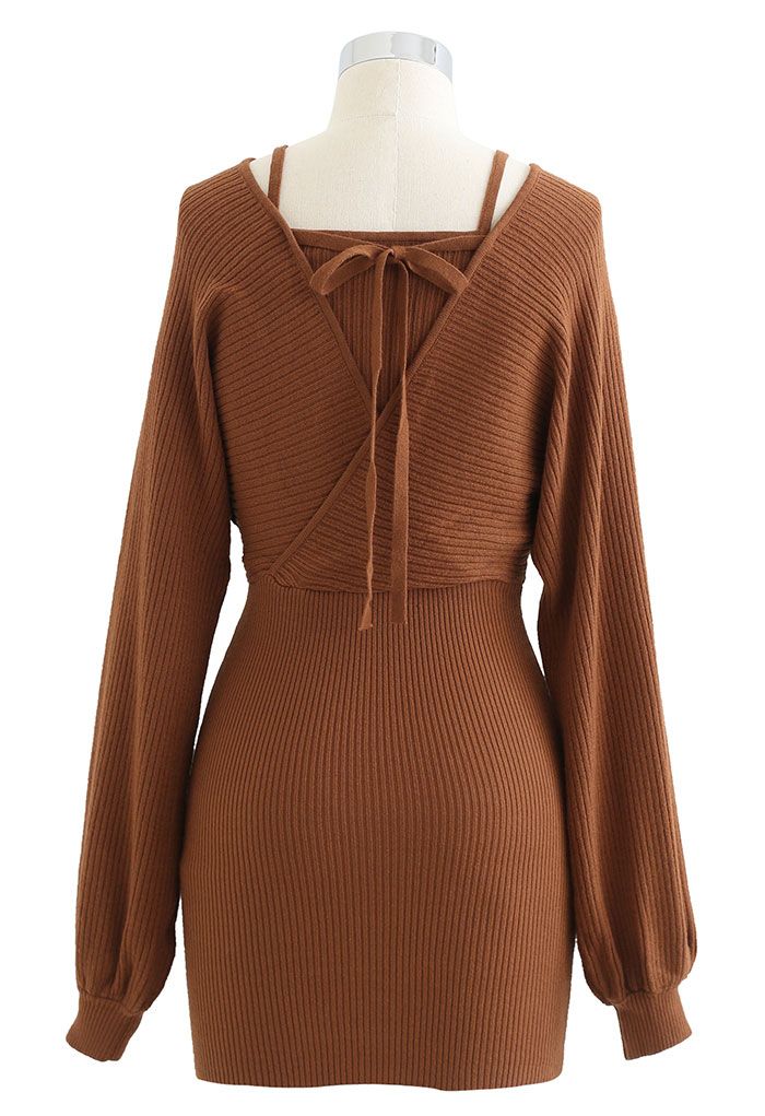 Fake Two-Piece Cold-Shoulder Wrap Knit Dress in Caramel - Retro, Indie ...