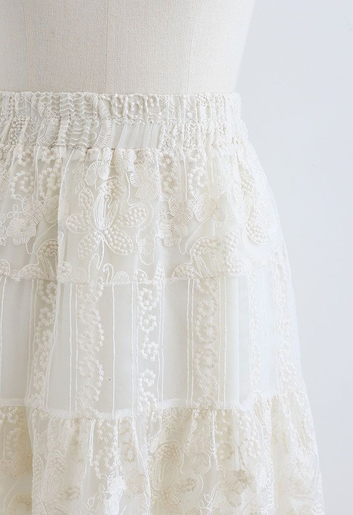 Floral Embroidery Organza Skirt in Cream - Retro, Indie and Unique Fashion