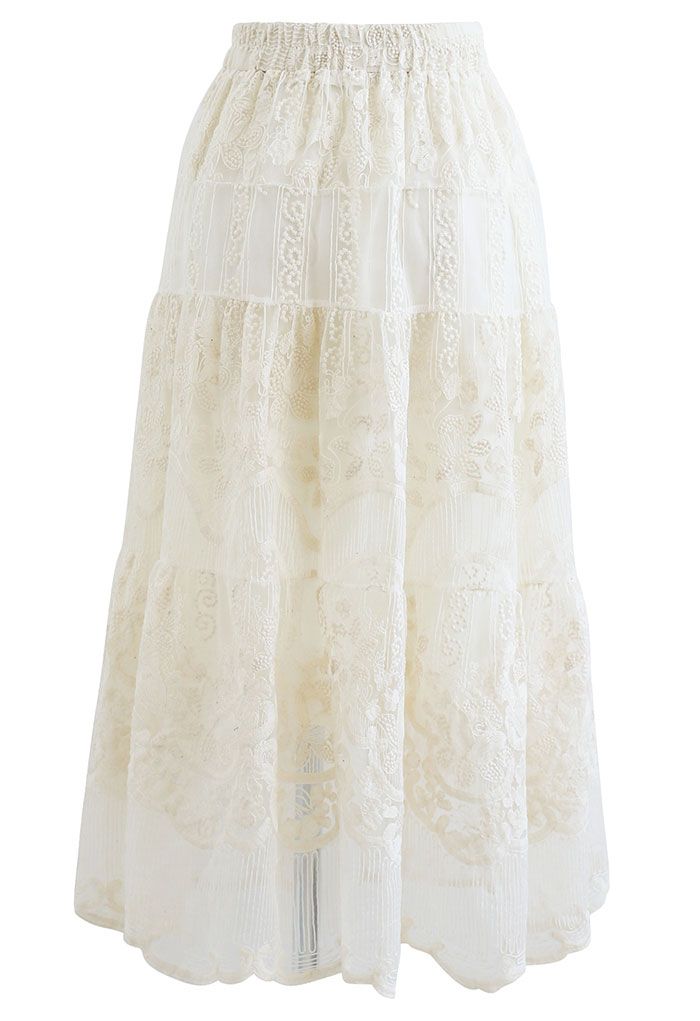 Floral Embroidery Organza Skirt in Cream - Retro, Indie and Unique Fashion