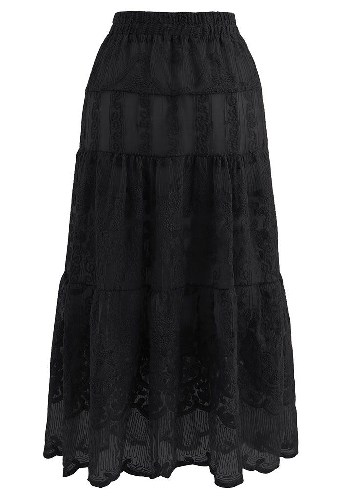 Floral Embroidery Organza Skirt in Black - Retro, Indie and Unique Fashion