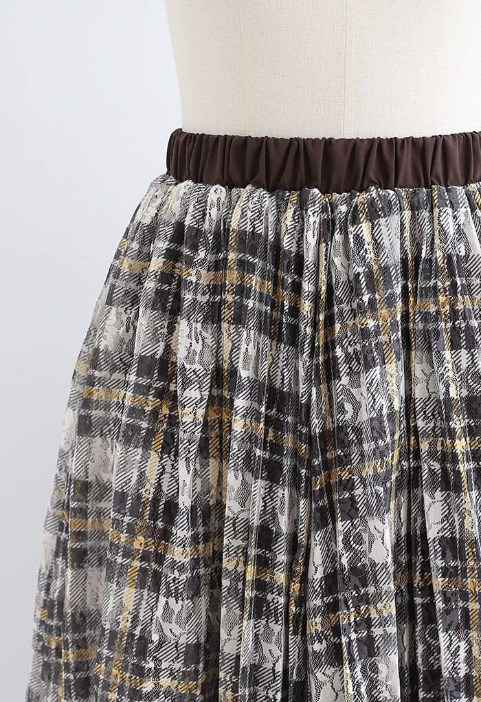 Plaid Print Lacy Pleated Skirt in Yellow - Retro, Indie and Unique Fashion