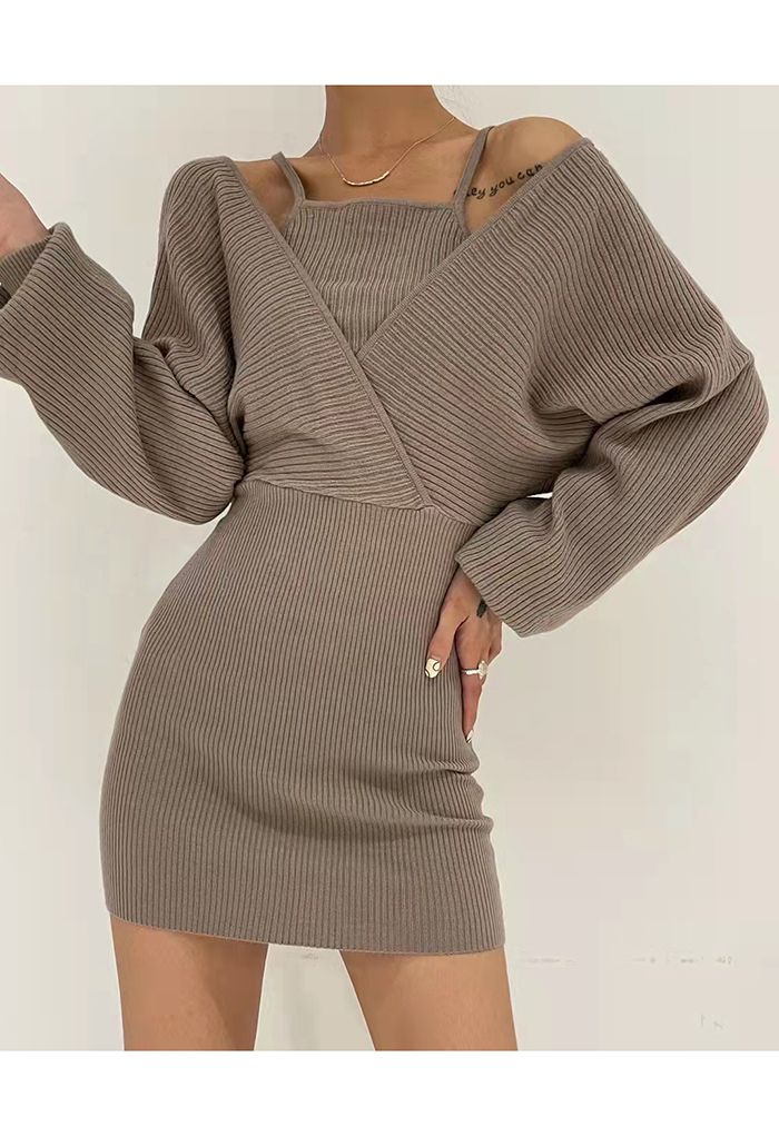 Fake Two-Piece Cold-Shoulder Wrap Knit Dress in Taupe