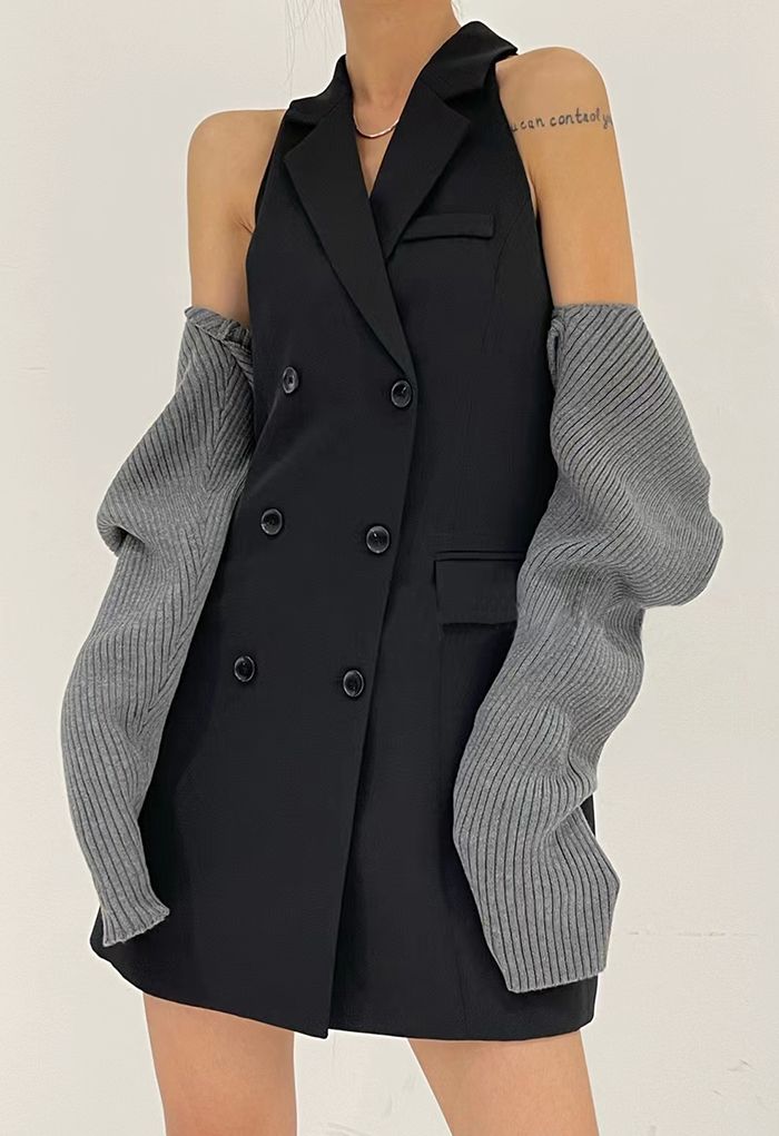 Double-Breasted Blazer Dress with Sweater Sleeve in Grey