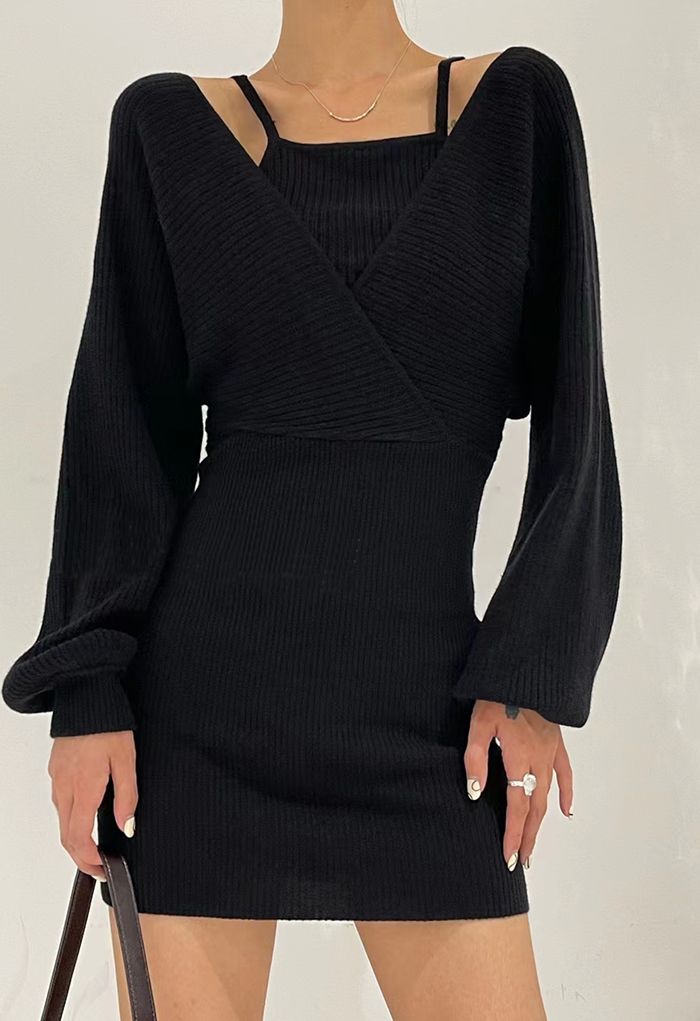 Fake Two-Piece Cold-Shoulder Wrap Knit ...