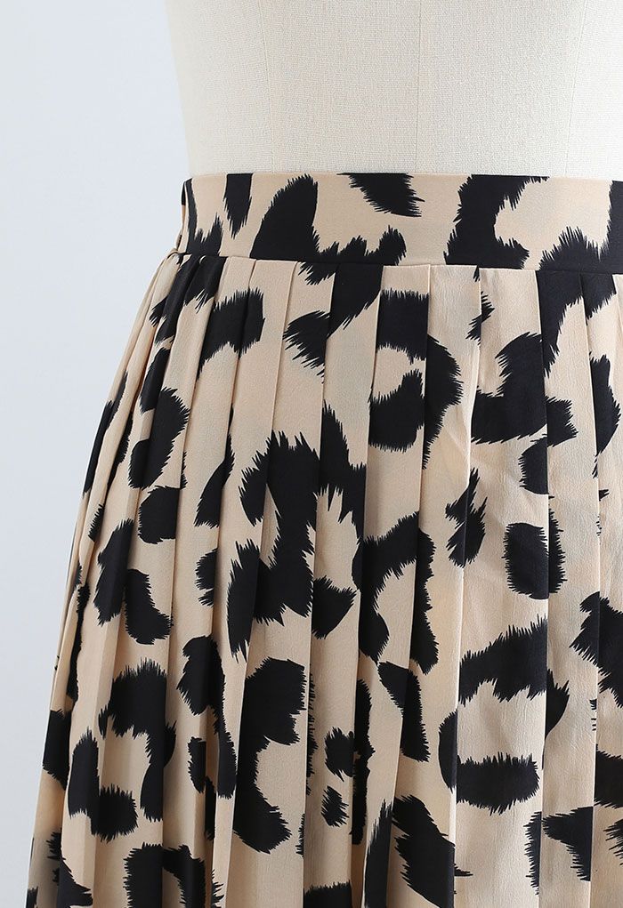 Leopard Print Chiffon Pleated Midi Skirt in Light Tan - Retro, Indie ...