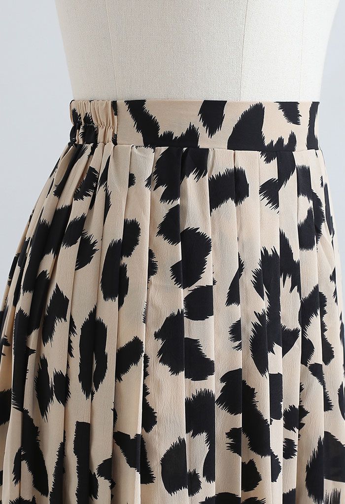 Leopard Print Chiffon Pleated Midi Skirt in Light Tan - Retro, Indie ...