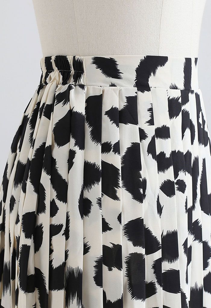 Leopard Print Chiffon Pleated Midi Skirt in Ivory - Retro, Indie and ...
