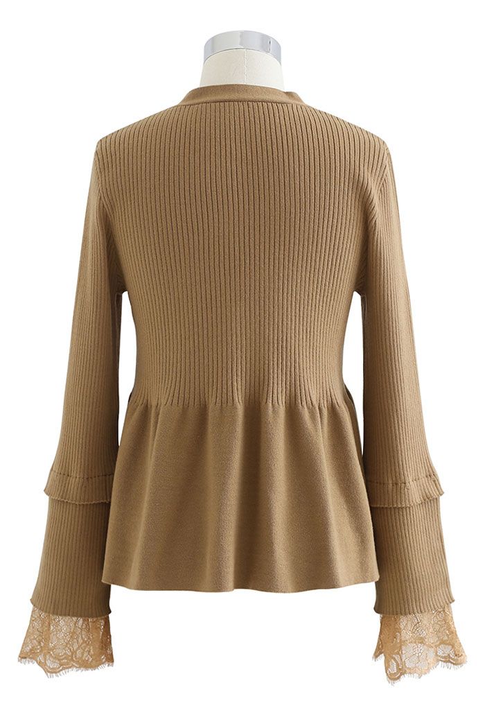 Lace Inserted Peplum Knit Top in Caramel