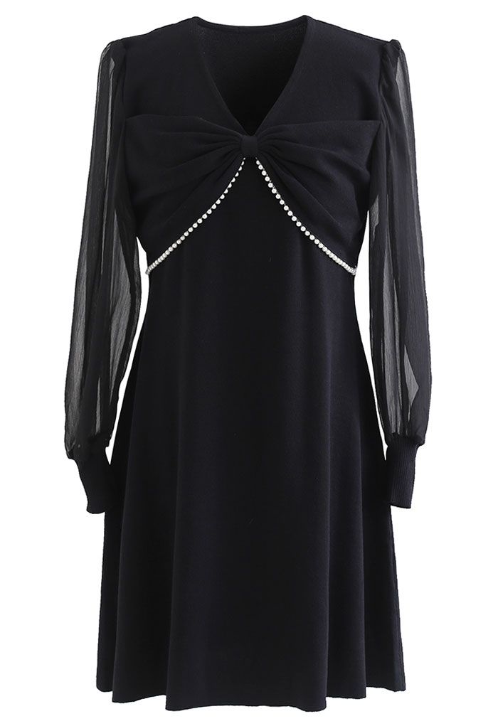 Pearly Bowknot Organza Sleeve Knit Dress in Black