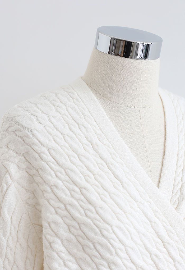 Cable Knit Wrap Front Crop Sweater in Cream