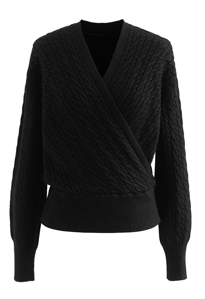 Cable Knit Wrap Front Crop Sweater in Black