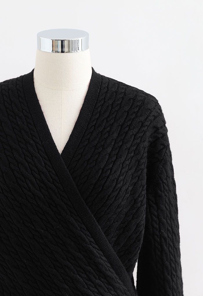 Cable Knit Wrap Front Crop Sweater in Black