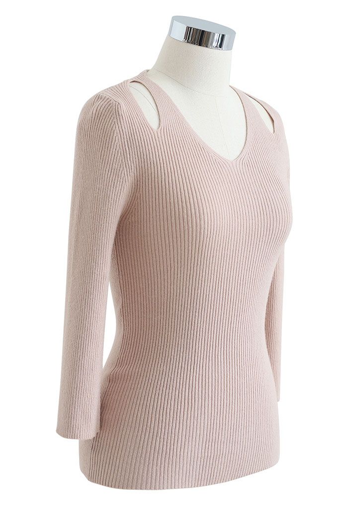Cut Out Shoulder Fitted Knit Top in Dusty Pink