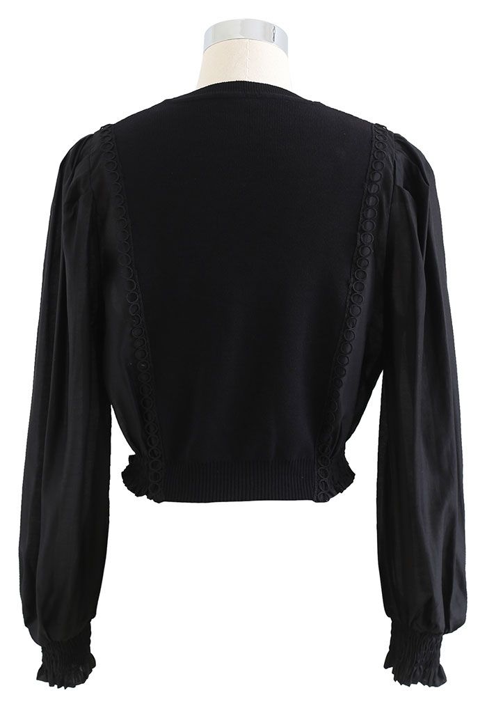 Spliced Sheer-Sleeve Crop Knit Top in Black