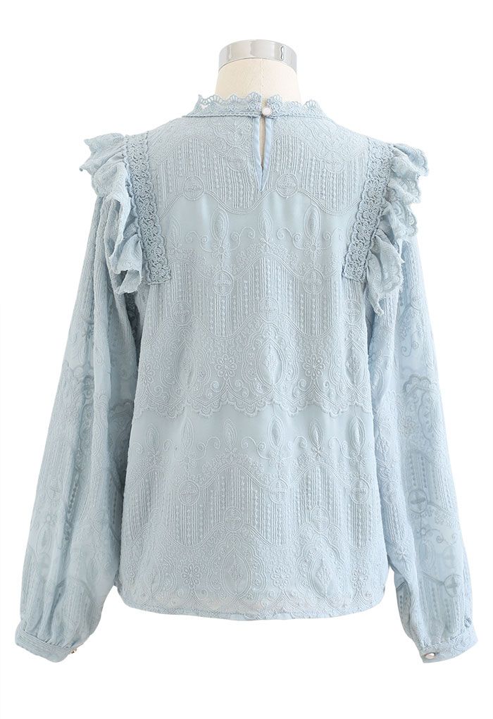 Embroidery Bubble Sleeve Ruffle Chiffon Top in Blue - Retro, Indie and ...