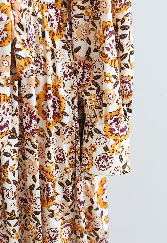 Floral Print Self-Tie Wrap Satin Midi Dress