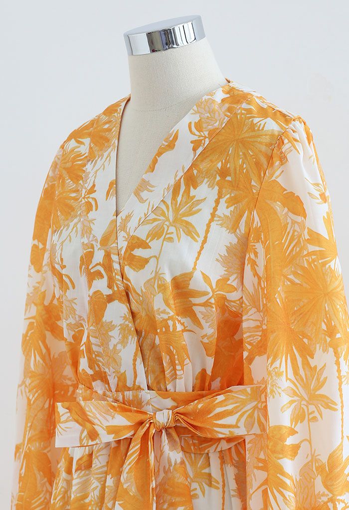 Leaf Print Cotton Self-Tie Wrap Top and Maxi Skirt Set