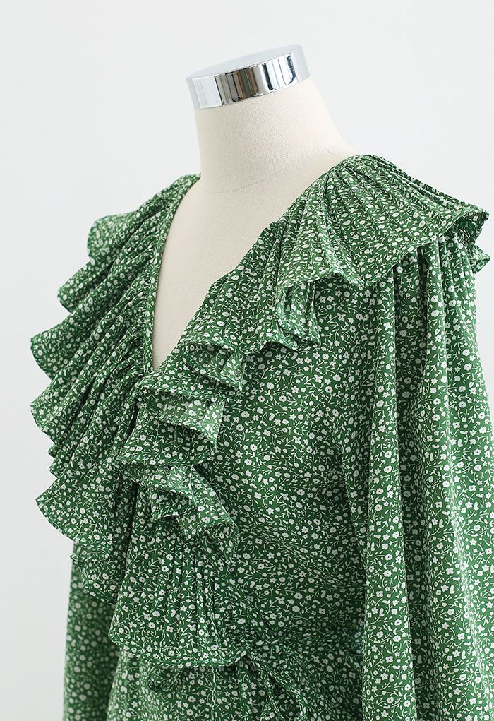 Flowery Wrap Ruffle Asymmetric Midi Dress in Green