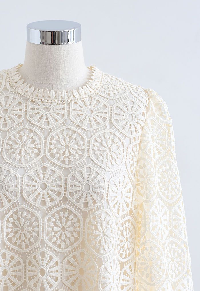 Geometric Crochet Mesh Sleeve Top in Cream