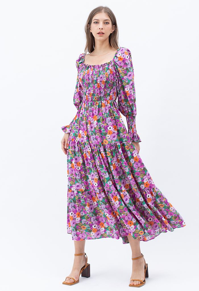 Watercolor Floral Shirred Frilling Midi Dress in Lilac