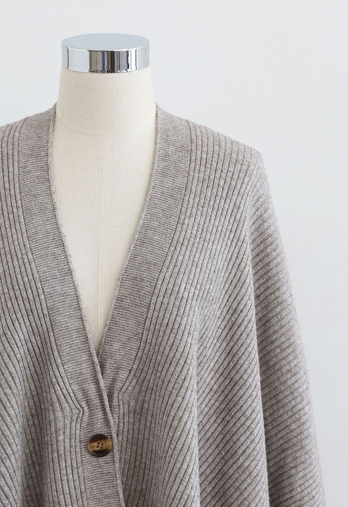 Buttoned Rib Knit Poncho Cape in Taupe