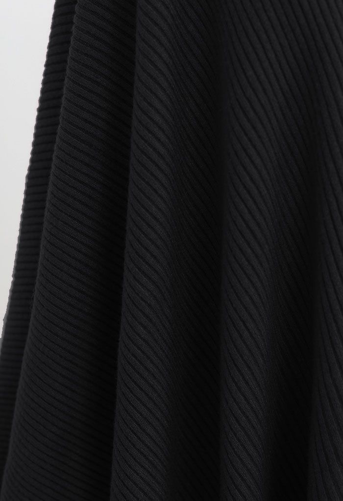 Buttoned Rib Knit Poncho Cape in Black
