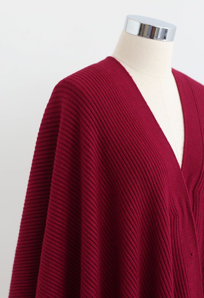 Buttoned Rib Knit Poncho Cape in Red