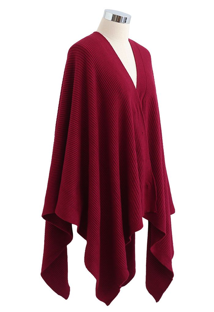 Buttoned Rib Knit Poncho Cape in Red