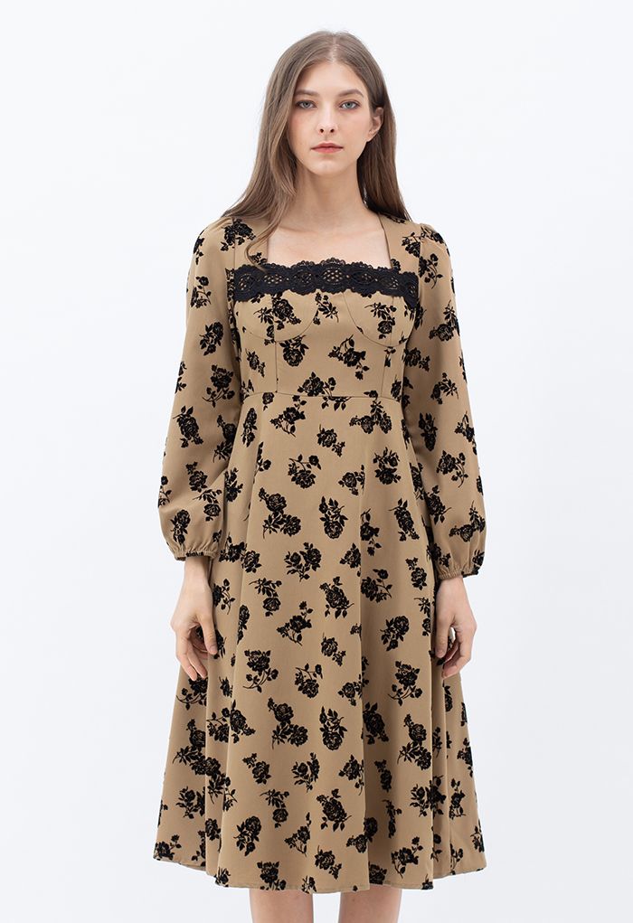 Posy Print Lacey Square Neck Midi Dress in Khaki
