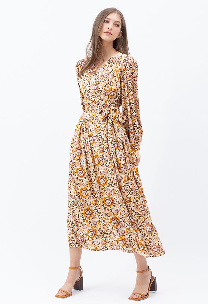 Floral Print Self-Tie Wrap Satin Midi Dress