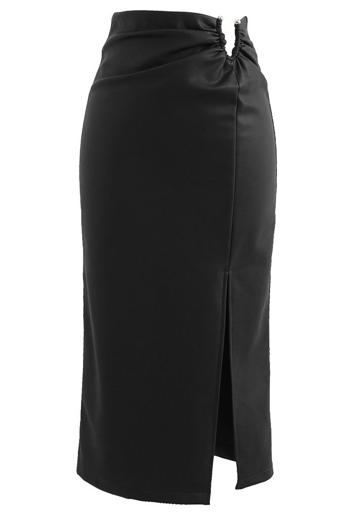 U-Shape Cutout Slit Faux Leather Midi Skirt in Black