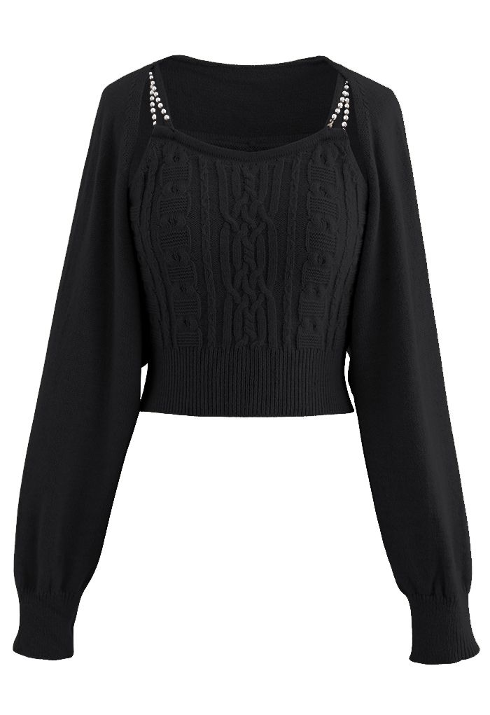 Cropped Braid Knit Cami Top and Sweater Sleeve Set in Black