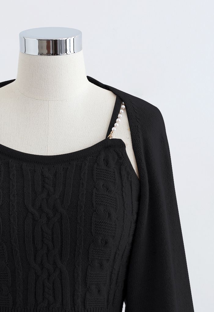 Cropped Braid Knit Cami Top and Sweater Sleeve Set in Black