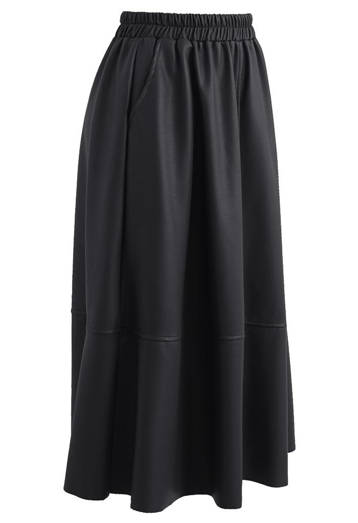 Faux Leather Side Pocket Midi Skirt in Black