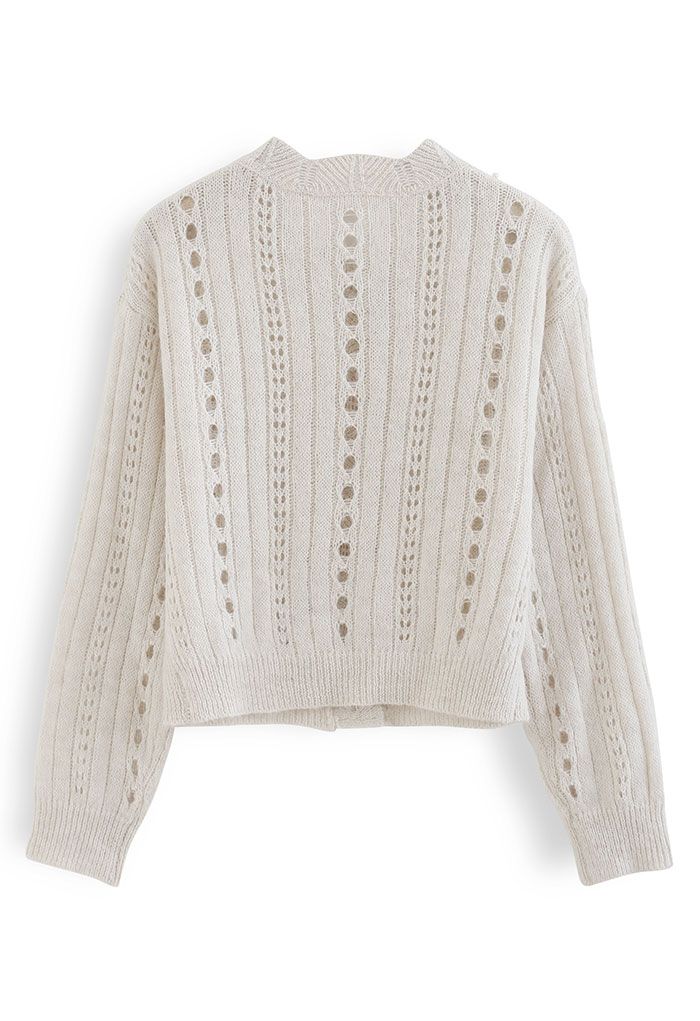 Pearly Hollow Out Knit Buttoned Top in Sand