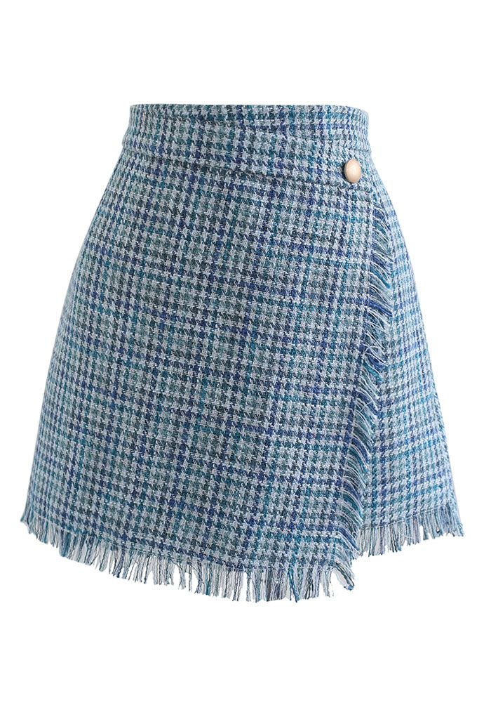 Tasseled Houndstooth Tweed Mini Flap Skirt in Blue