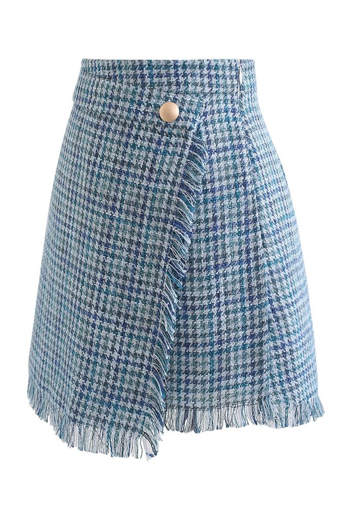 Tasseled Houndstooth Tweed Mini Flap Skirt in Blue