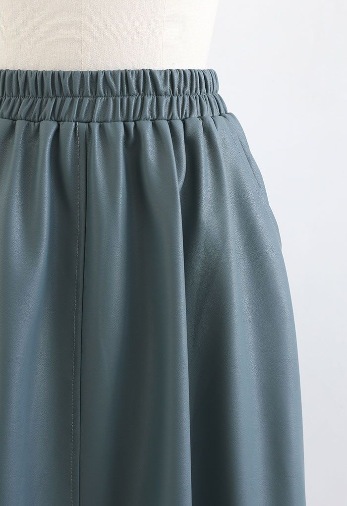 Faux Leather Side Pocket Midi Skirt in Teal