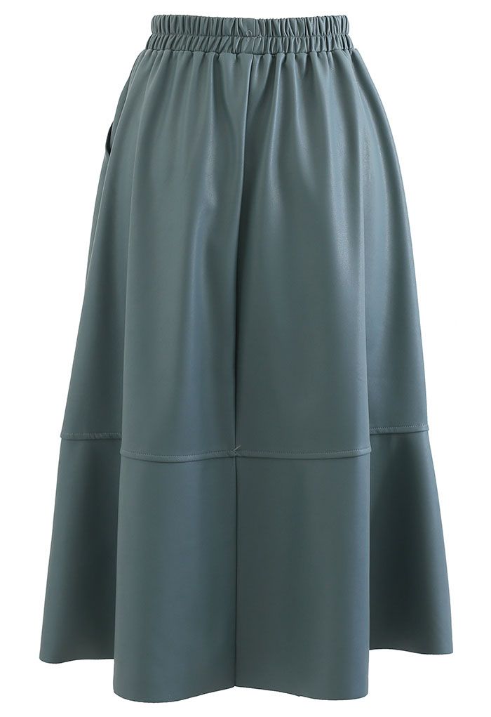 Faux Leather Side Pocket Midi Skirt in Teal