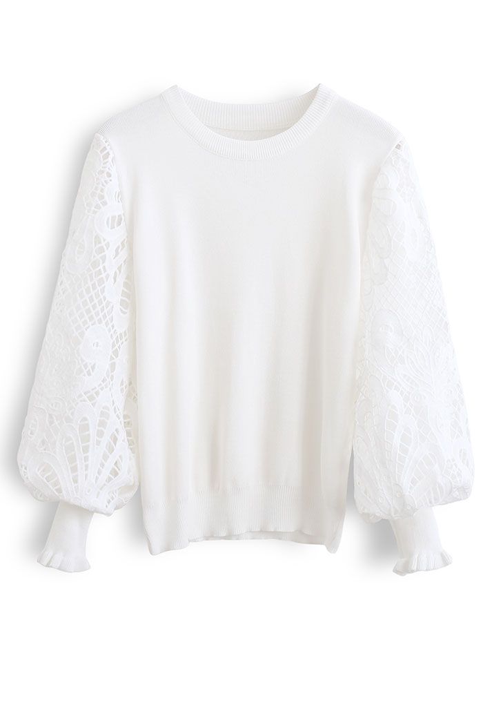 Baroque Crochet Sleeve Knit Top in White