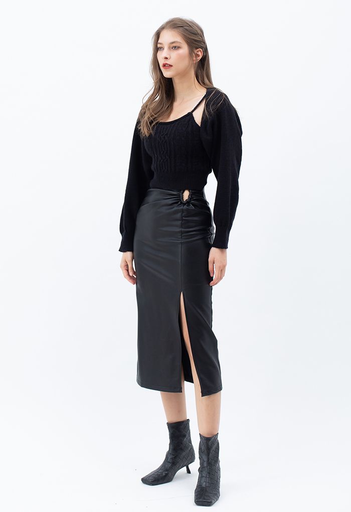 U-Shape Cutout Slit Faux Leather Midi Skirt in Black