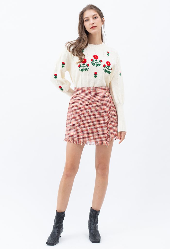 Red Posy Puff Sleeve Knit Sweater